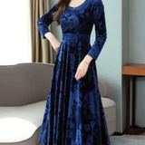 Navy Blue Printed Velvet Dress - M