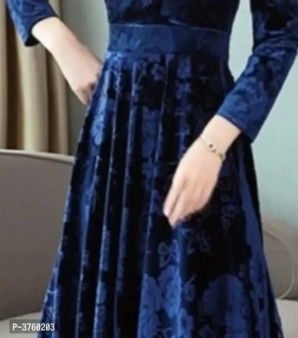 Navy Blue Printed Velvet Dress - M