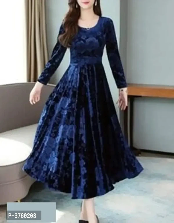 Navy Blue Printed Velvet Dress - L