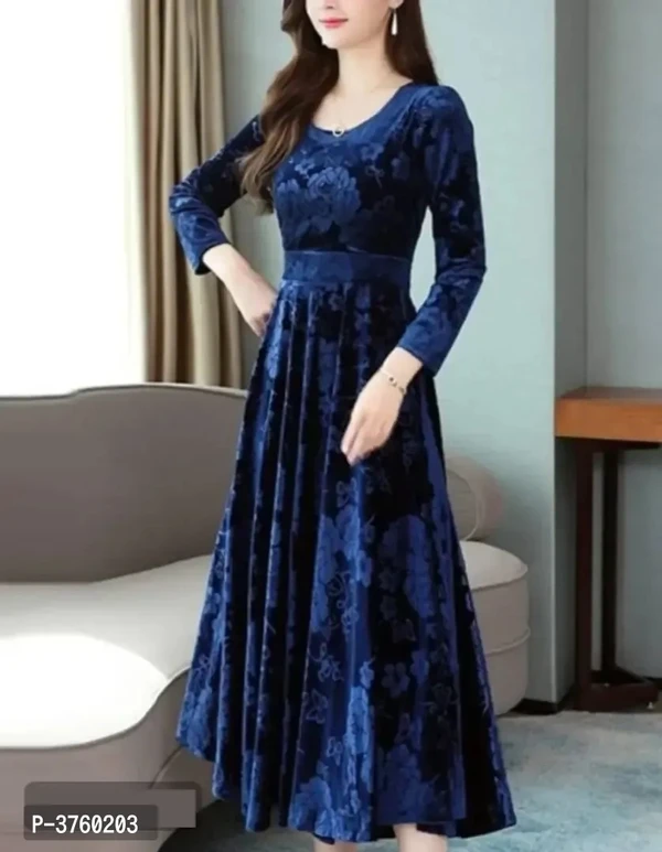 Navy Blue Printed Velvet Dress - L