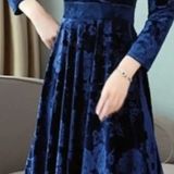 Navy Blue Printed Velvet Dress - XXL