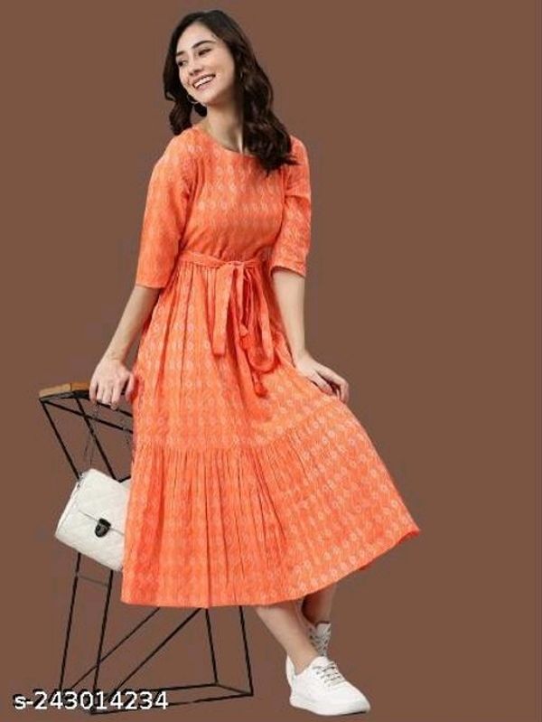 Rayon Printed Stylish Orange Kurti Dress For Women/girl - XL
