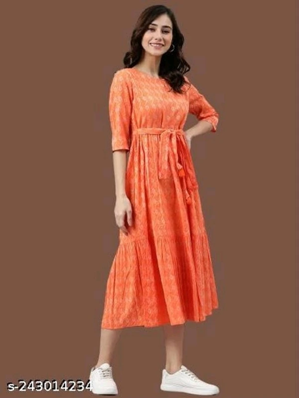 Rayon Printed Stylish Orange Kurti Dress For Women/girl - XL