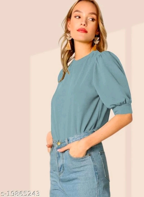 Round Neck Puff Half Sleeve Polyester Top - M