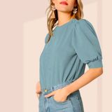Round Neck Puff Half Sleeve Polyester Top - L