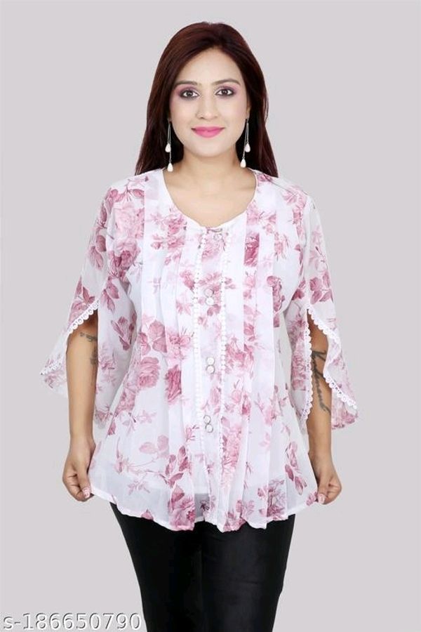 Stylish Short Sleeve Round Neck Printed Top For Girls & Women - L