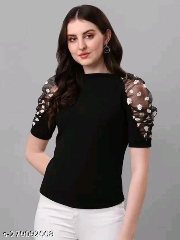 Casual Puff Sleeves Solid Women Black Top  - L