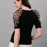 Casual Puff Sleeves Solid Women Black Top  - XL