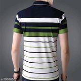 Men's Trendy Regular Fit Polo Neck Half Sleeve Striped Green T-shart - L