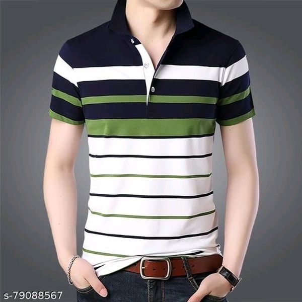 Men's Trendy Regular Fit Polo Neck Half Sleeve Striped Green T-shart - XL