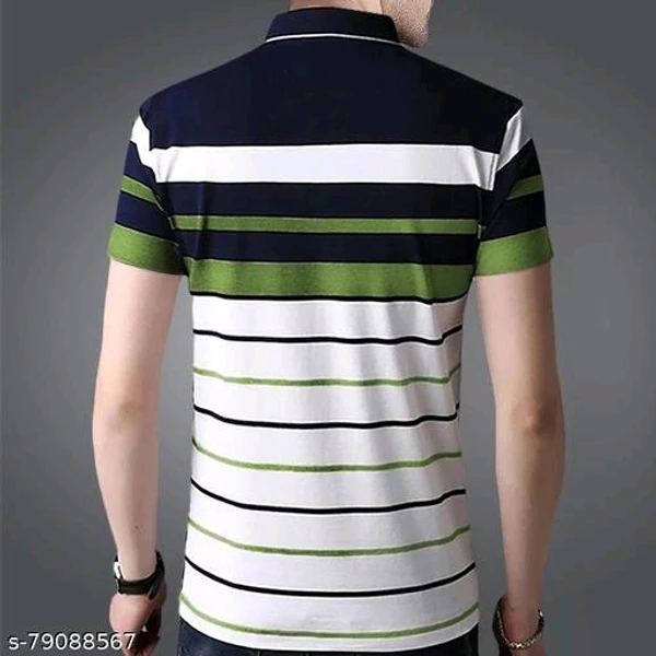 Men's Trendy Regular Fit Polo Neck Half Sleeve Striped Green T-shart - XL