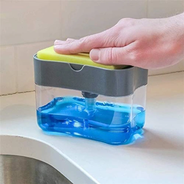 2 in 1 Soap Pump Plastic Dispenser and Sponge Holder with 1 Cleaning Sponges (200ml) - 5.5"x4", Multicolor, ABS plastic