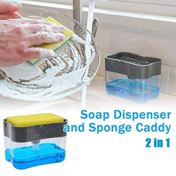 2 in 1 Soap Pump Plastic Dispenser and Sponge Holder with 1 Cleaning Sponges (200ml) - 5.5"x4", Multicolor, ABS plastic