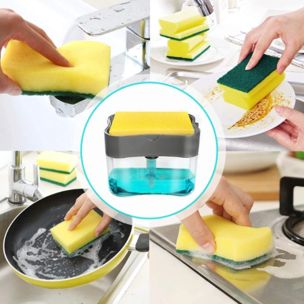 2 in 1 Soap Pump Plastic Dispenser and Sponge Holder with 1 Cleaning Sponges (200ml) - 5.5"x4", Multicolor, ABS plastic