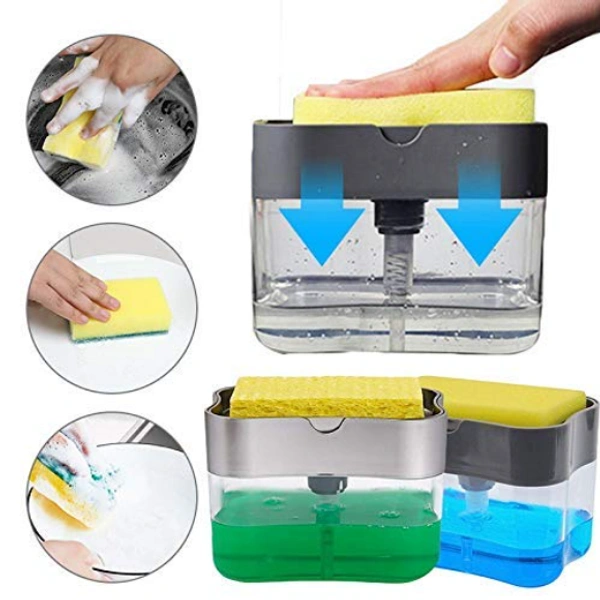 2 in 1 Soap Pump Plastic Dispenser and Sponge Holder with 1 Cleaning Sponges (200ml) - 5.5"x4", Multicolor, ABS plastic