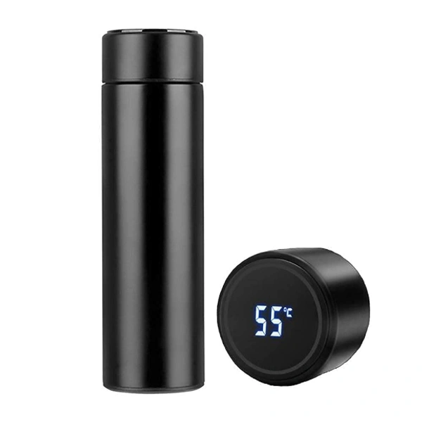 Stainless Steel Hot & Cold Thermos Flask 500 ML with Liquid Temperature Display - 23cm x 6.5cm, Black, Stainless Steel