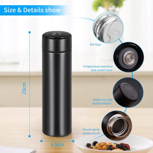 Stainless Steel Hot & Cold Thermos Flask 500 ML with Liquid Temperature Display - 23cm x 6.5cm, Black, Stainless Steel