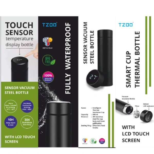 Stainless Steel Hot & Cold Thermos Flask 500 ML with Liquid Temperature Display - 23cm x 6.5cm, Black, Stainless Steel