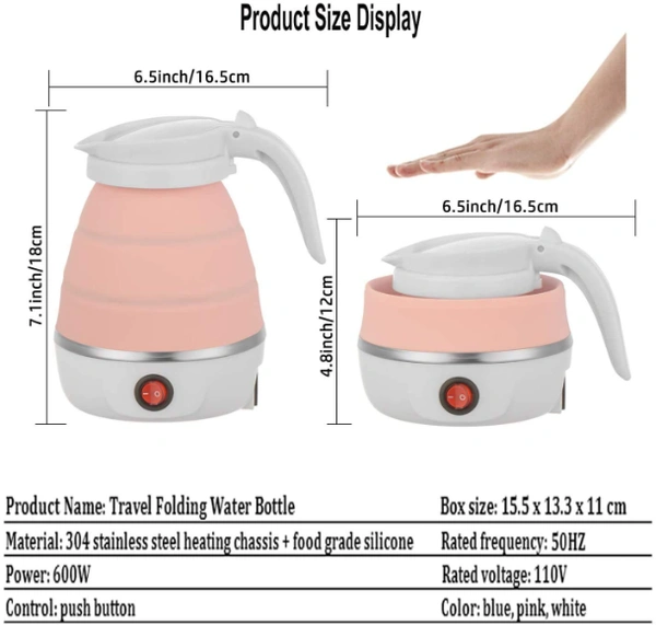Travel Foldable Silicon 600ML 220V 50Hz Electric Kettle - 6.5"x7.1", Multicolor, Silicon and Plastic