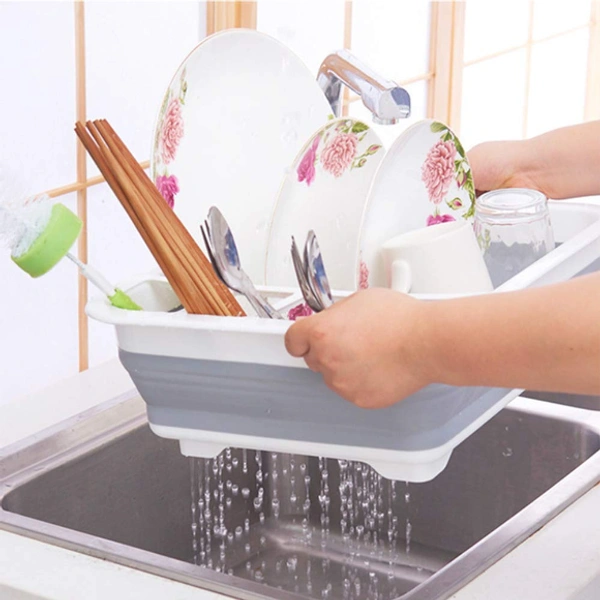 4 in 1 Multifunctional Silicon Kitchen Foldable Draining Dish Tub with Plug - 12"X14.3", Multicolor, Plastic and Siliconized rubber