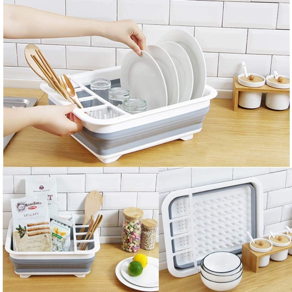 4 in 1 Multifunctional Silicon Kitchen Foldable Draining Dish Tub with Plug - 12"X14.3", Multicolor, Plastic and Siliconized rubber