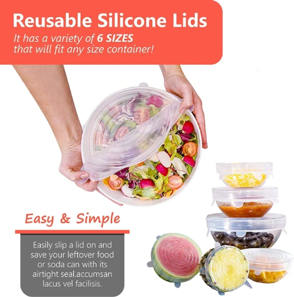 Food Safety & Freezer Safe Reusable Silicon Stretch Lids (Set of 6 ) - 2.6", 3.8", 4.5", 5.7", 6.5", And 8.3", Multicolor, Silicon