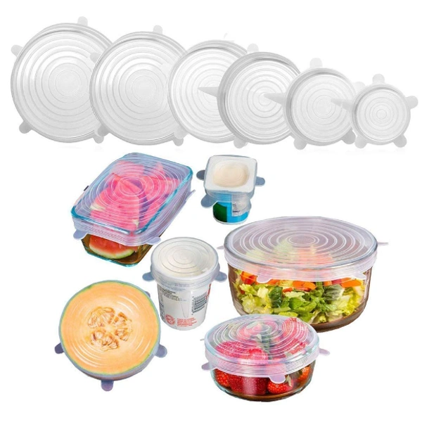 Food Safety & Freezer Safe Reusable Silicon Stretch Lids (Set of 6 ) - 2.6", 3.8", 4.5", 5.7", 6.5", And 8.3", Multicolor, Silicon