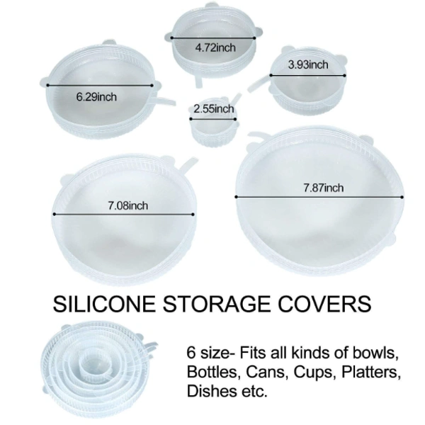 Food Safety & Freezer Safe Reusable Silicon Stretch Lids (Set of 6 ) - 2.6", 3.8", 4.5", 5.7", 6.5", And 8.3", Multicolor, Silicon