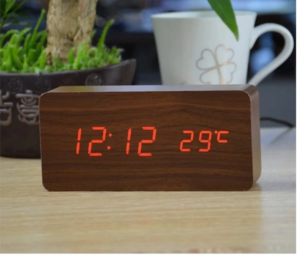Wooden LED Digital Alarm Clock - 8 x 8 x 8 cm, CHOCOLATE, Wood