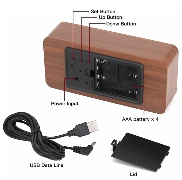 Wooden LED Digital Alarm Clock - 8 x 8 x 8 cm, CHOCOLATE, Wood