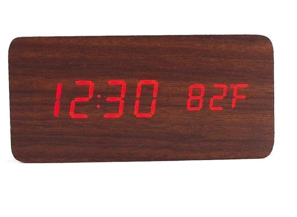 Wooden LED Digital Alarm Clock - 8 x 8 x 8 cm, CHOCOLATE, Wood