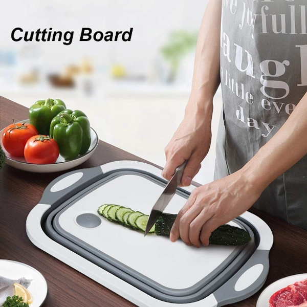 3 in 1 Multifunctional Silicon Kitchen Foldable Cutting / Chopping Board Draining Basket with Plug - 21.9 x 6 x 5.6 Centimeters, Multicolored, Silicon