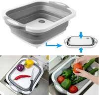 3 in 1 Multifunctional Silicon Kitchen Foldable Cutting / Chopping Board Draining Basket with Plug - 21.9 x 6 x 5.6 Centimeters, Multicolored, Silicon
