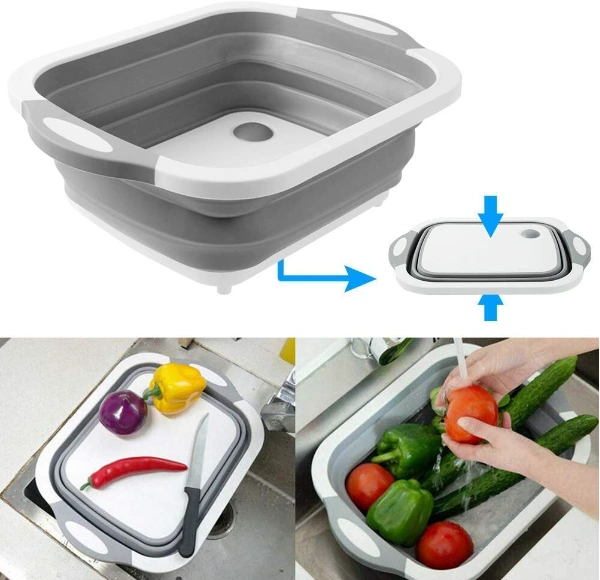 3 in 1 Multifunctional Silicon Kitchen Foldable Cutting / Chopping Board Draining Basket with Plug - 21.9 x 6 x 5.6 Centimeters, Multicolored, Silicon