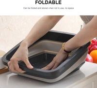 3 in 1 Multifunctional Silicon Kitchen Foldable Cutting / Chopping Board Draining Basket with Plug - 21.9 x 6 x 5.6 Centimeters, Multicolored, Silicon