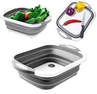 3 in 1 Multifunctional Silicon Kitchen Foldable Cutting / Chopping Board Draining Basket with Plug - 21.9 x 6 x 5.6 Centimeters, Multicolored, Silicon