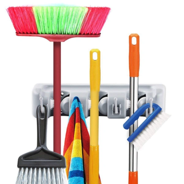 Wall Mounted Magic Mop and Broom Holder 3 Position and 4 Hooks - 22 x 10 x 5 cm, Multi Color
