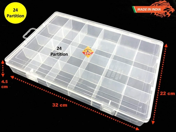 24 Grids Section Plastic Grid Box Organizer for Jewelry, Hair Pins, Medicines, Craft material, Lipstick, Nail paint - 29 x 24 x 4.5 cm (Approx.), Transparent, Plastic