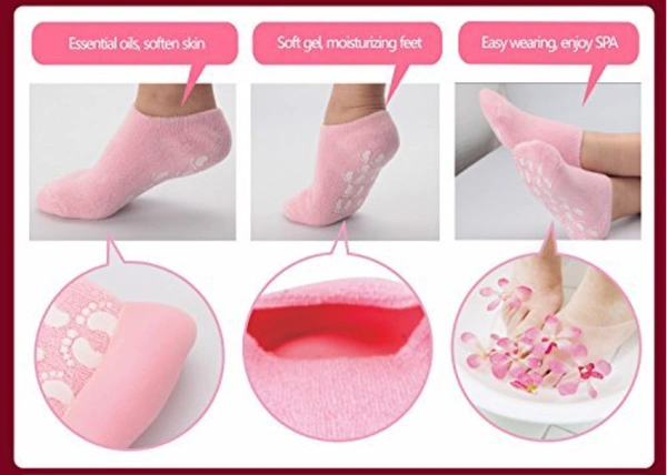 Spa Moisturizing Cracked Skincare Gel Therapy Gel Socks (1 Pair) - Pink, Cotton and spandex  Inner composition: 98% thermoplastic rubber  0.5% jojoba oil  0.5% olive oil  0.5% vitamin E  0.5% lavender oil