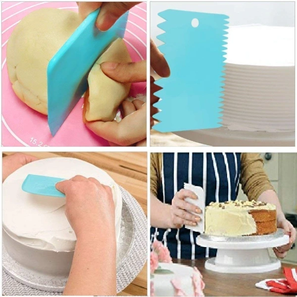 Plastic Dough Bench Scraper Cake Cutter, Chopper, Smoother Icing Fondant Cake Decorating Pastry Baking Tool - 3PCS Set - 1. 85 x 120 mm 2. 80 x 120 mm 3. 75 x 110 mm, Multi Color, Food Grade PP Plastic