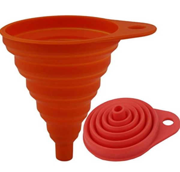 Collapsible Silicone Funnel  for Liquid, Oil, Sauce, Water, Juice - 8 x 3 x 9 cm; (When Fully Erect) - 9 cm :: Top Mouth Diameter - 7 cm :: Bottom Mouth Diameter - 1 cm, Multi Color, Food Grade Silicon