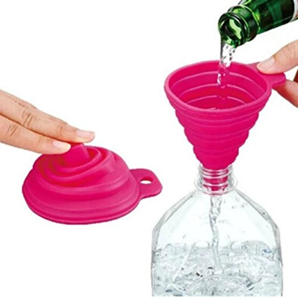 Collapsible Silicone Funnel  for Liquid, Oil, Sauce, Water, Juice - 8 x 3 x 9 cm; (When Fully Erect) - 9 cm :: Top Mouth Diameter - 7 cm :: Bottom Mouth Diameter - 1 cm, Multi Color, Food Grade Silicon