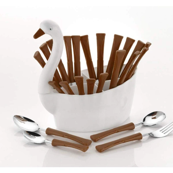 Duck Cutlery Set with Stand Cutlery Set for Dining Table 24 Pieces Stainless Steel & Plastic Material, Spoons and Forks (Brown) - Brown, Alloy Steel, Plastic
