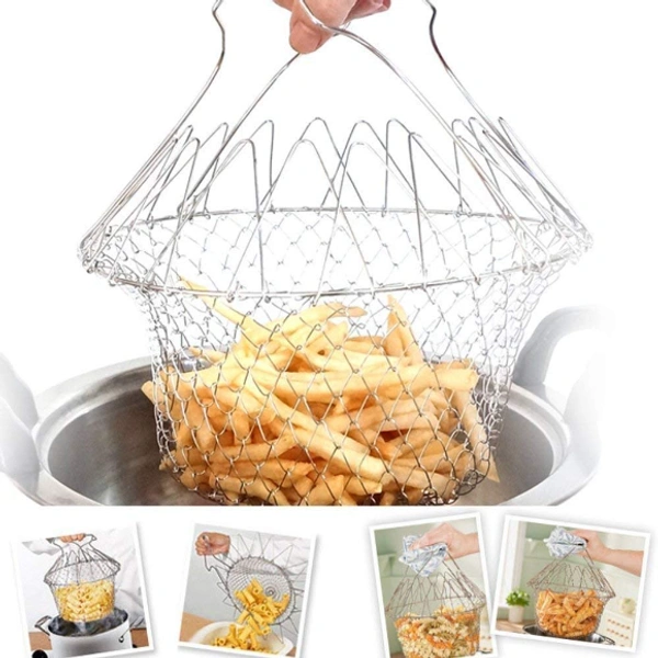 Solid Steel 12 in 1 Foldable Chef Cooking Net Basket for Deep Fry, Boiling, Steam, Rinse - 10 x 5 x 8 cm, Stainless Steel