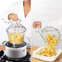 Solid Steel 12 in 1 Foldable Chef Cooking Net Basket for Deep Fry, Boiling, Steam, Rinse - 10 x 5 x 8 cm, Stainless Steel