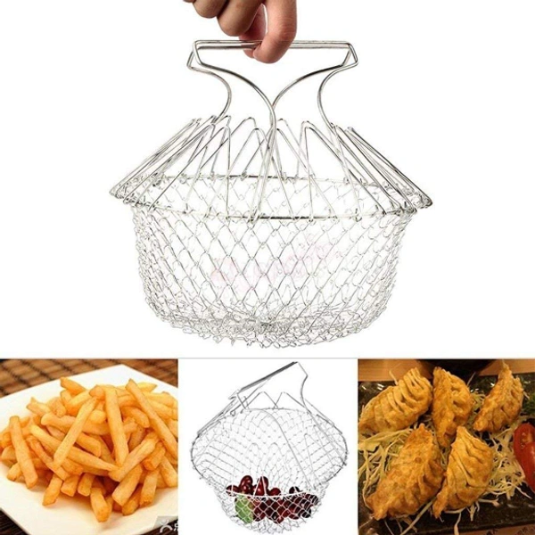 Solid Steel 12 in 1 Foldable Chef Cooking Net Basket for Deep Fry, Boiling, Steam, Rinse - 10 x 5 x 8 cm, Stainless Steel