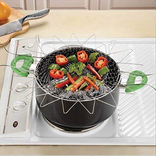 Solid Steel 12 in 1 Foldable Chef Cooking Net Basket for Deep Fry, Boiling, Steam, Rinse - 10 x 5 x 8 cm, Stainless Steel
