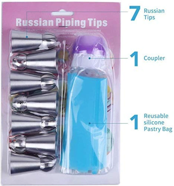Russian Ball Piping Nozzles Set - Royale Mesum Russian Ball Tips with Reusable Pastry Bag, 7 Pcs Russian Ball Tips, Large Piping Tips Set - Silver, Alloy Steel