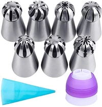 Russian Ball Piping Nozzles Set - Royale Mesum Russian Ball Tips with Reusable Pastry Bag, 7 Pcs Russian Ball Tips, Large Piping Tips Set - Silver, Alloy Steel