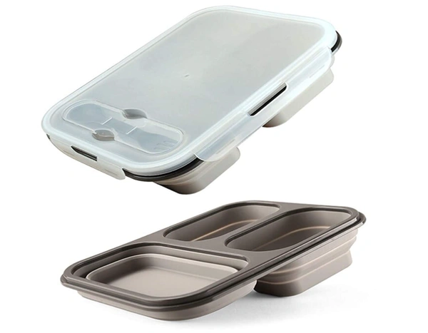 Silicone Foldable Lunch Box 3CP - Folded size: 23.5 cm x 17.5 cm x 3.5 cm. Unfold size: 23.5 cm x 17.5 cm x 7.5 cm, Silicone